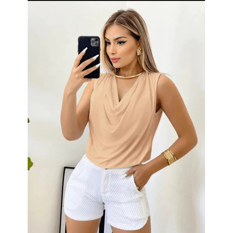 Blusa Feminina Regata Elegante Gola V Drapeada