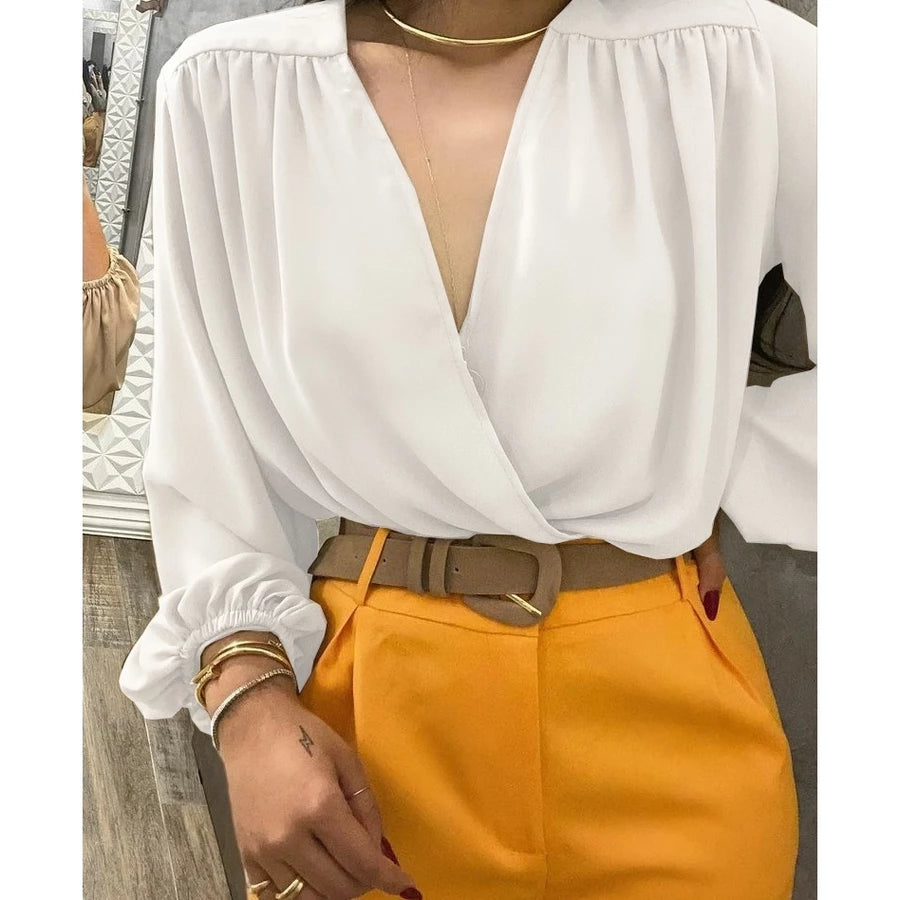 Blusa Feminina Elegante Manga Longa com Decote V