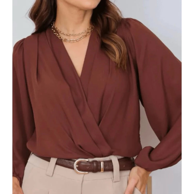 Blusa Feminina Elegante Manga Longa com Decote V