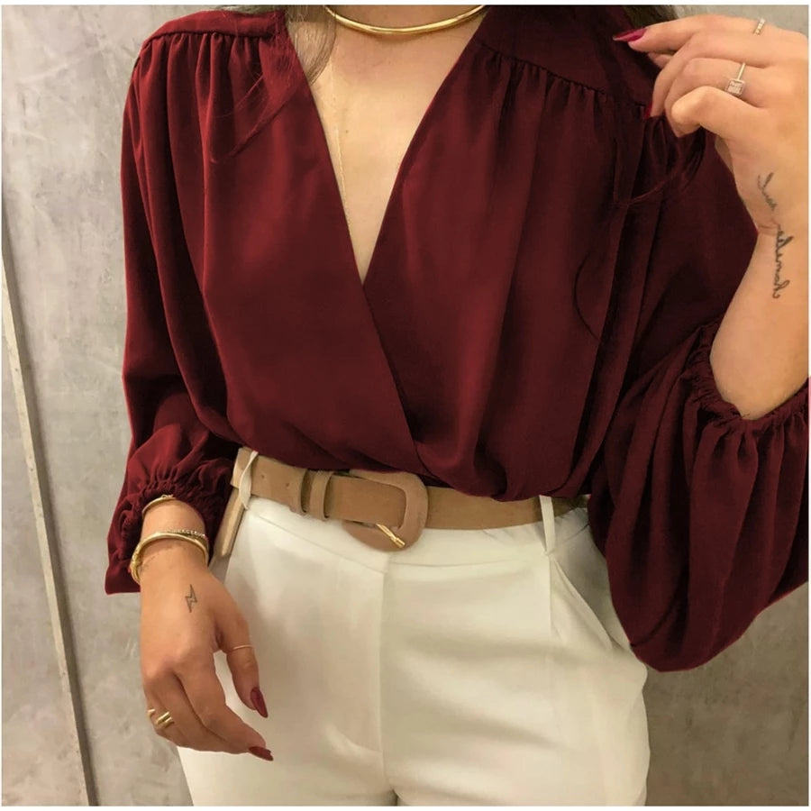 Blusa Feminina Elegante Manga Longa com Decote V