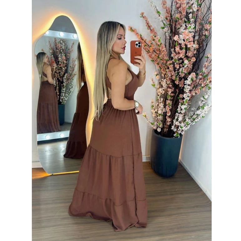 Vestido Longo Elegante de Alcinha Cintura com Lastex  - Laís