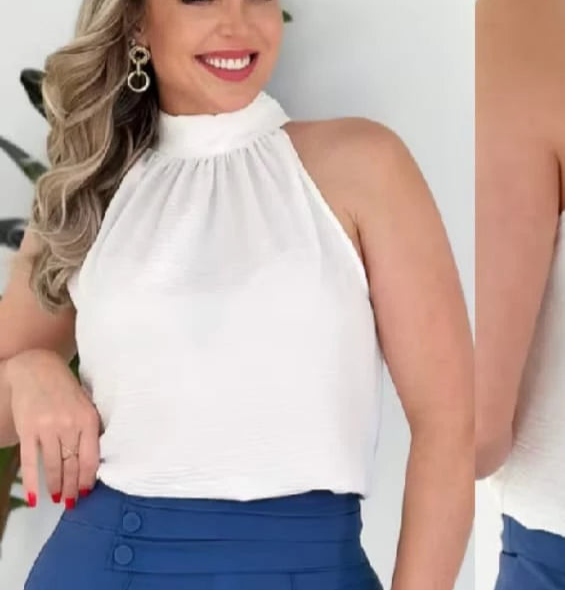 Blusa Feminina Estilosa Manga Cavada Com Gola Alta e Amarração