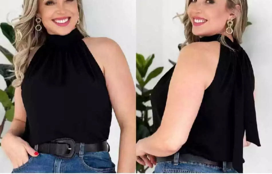 Blusa Feminina Estilosa Manga Cavada Com Gola Alta e Amarração