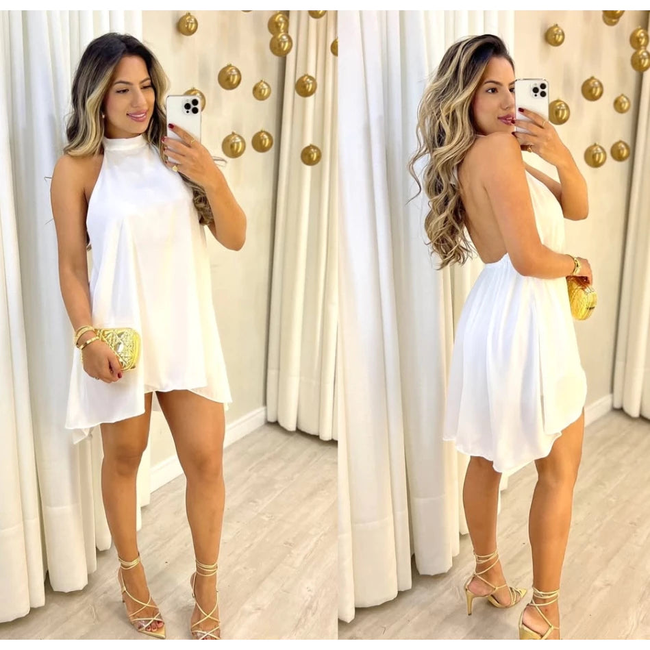 Vestido Curto Soltinho Gola Halter Frente Única - Maitê