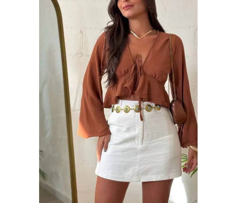 Blusa Feminina Cropped Manga Flare Decote V - Bia