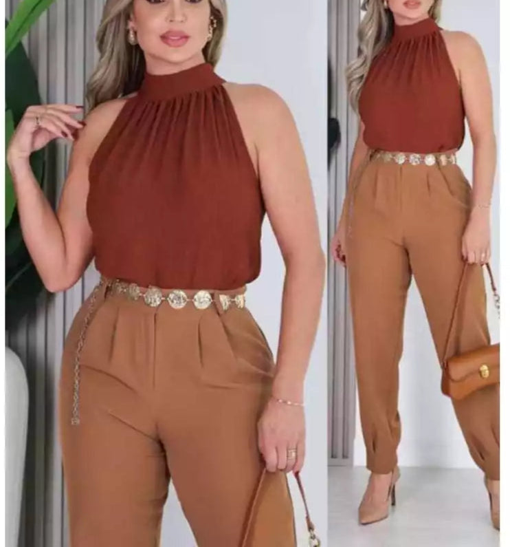 Blusa Feminina Estilosa Manga Cavada Com Gola Alta e Amarração
