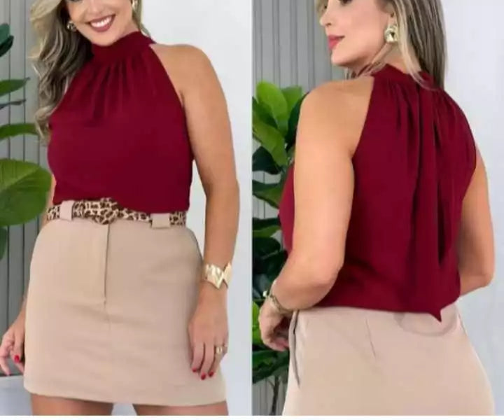 Blusa Feminina Estilosa Manga Cavada Com Gola Alta e Amarração