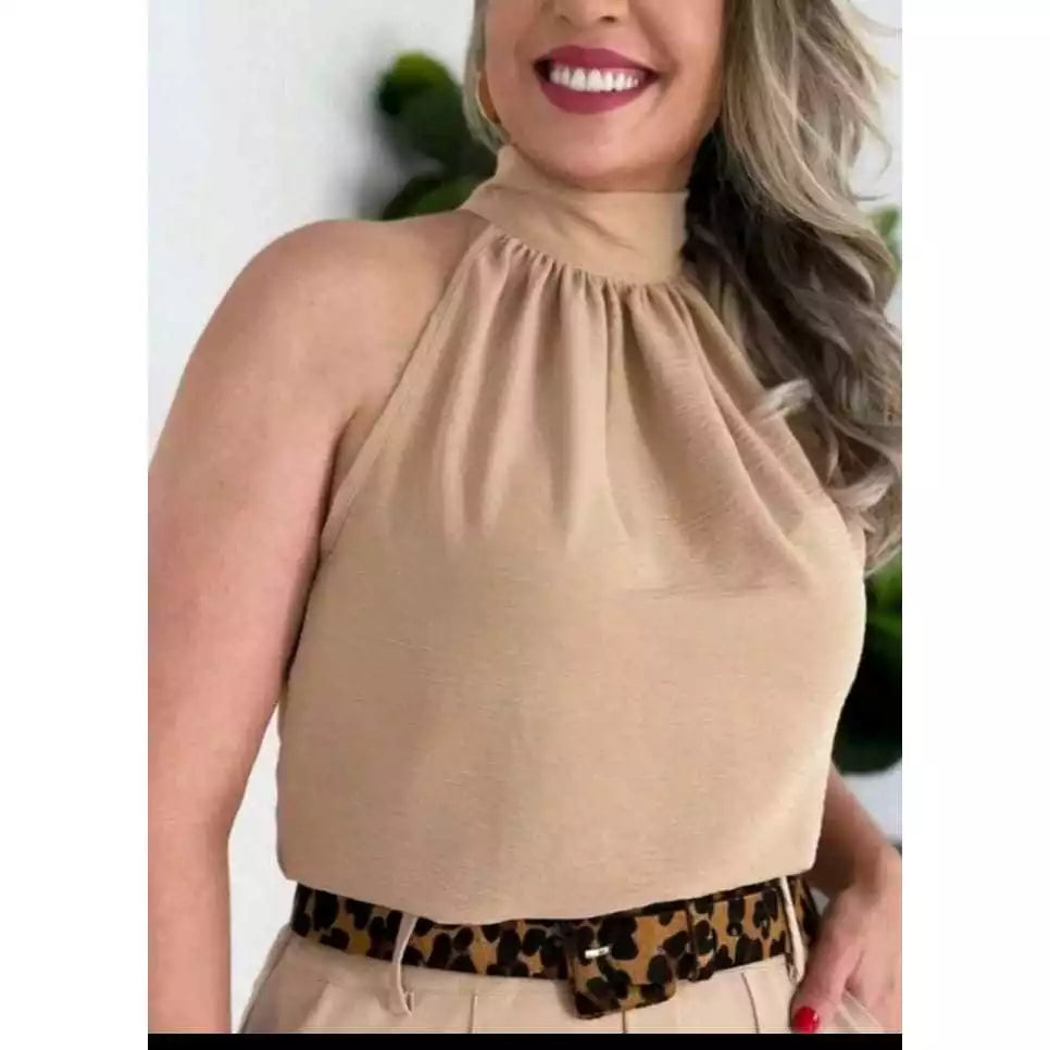 Blusa Feminina Estilosa Manga Cavada Com Gola Alta e Amarração