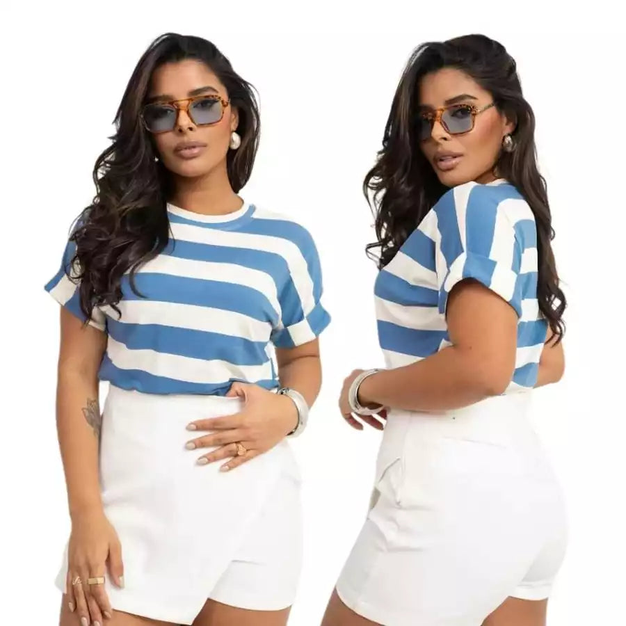 T-Shirt Feminina Listrada Casual  Manga Curta - Malu