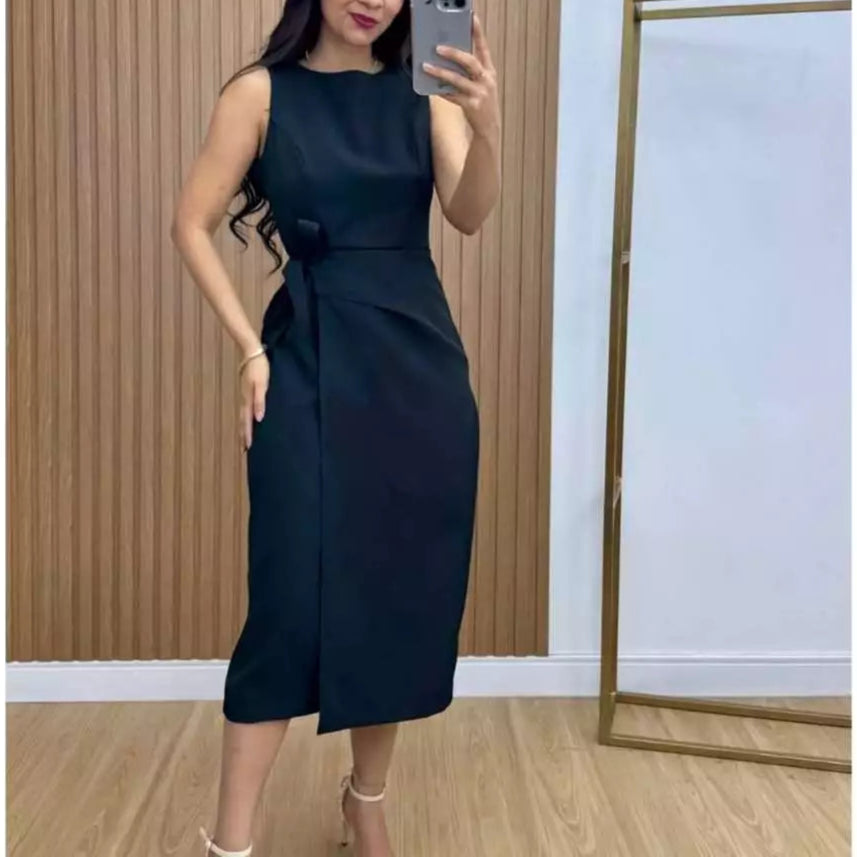 Vestido Midi Elegante Transpassado Manga Cavada - Leny