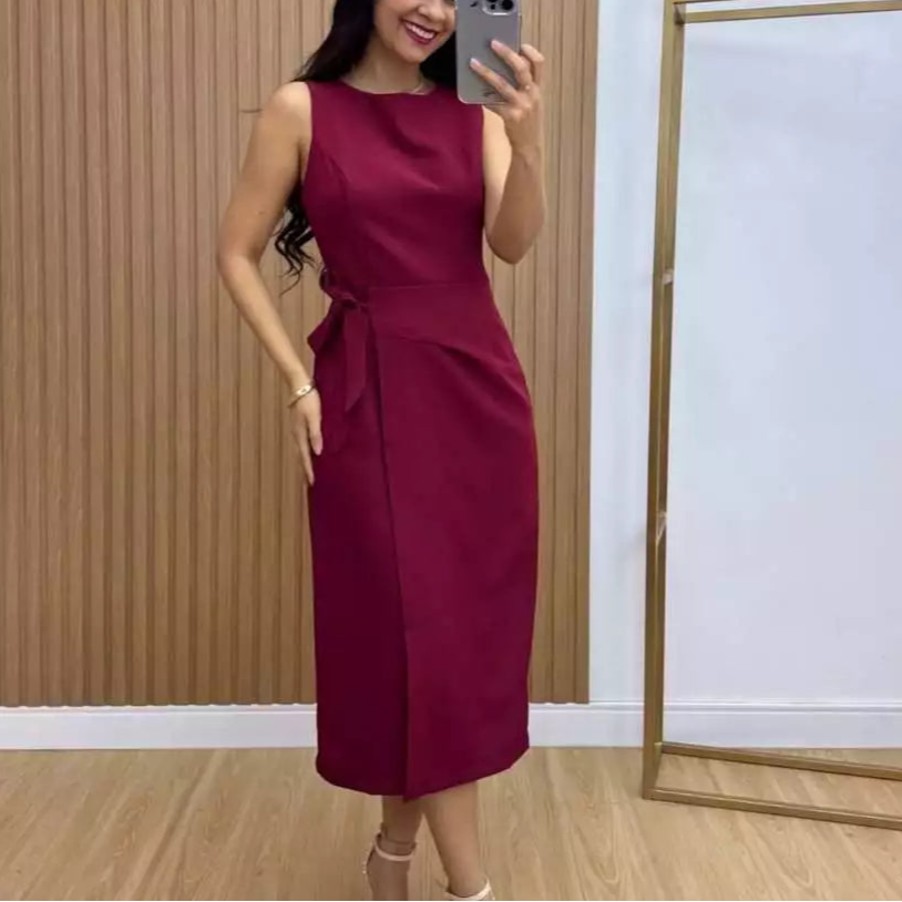 Vestido Midi Elegante Transpassado Manga Cavada - Leny