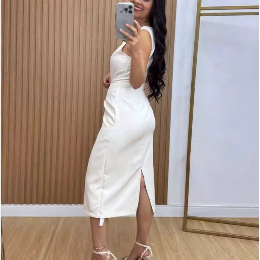 Vestido Midi Elegante Transpassado Manga Cavada - Leny
