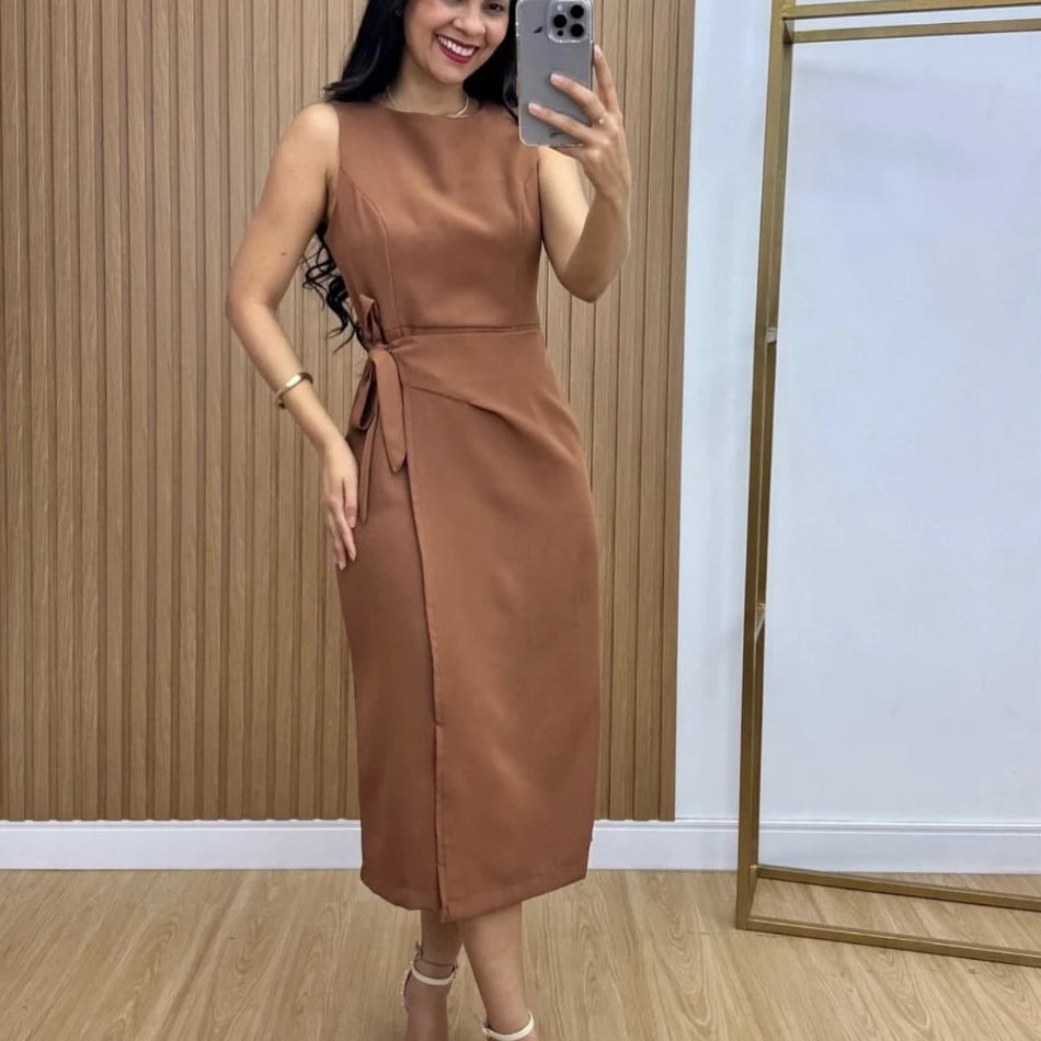 Vestido Midi Elegante Transpassado Manga Cavada - Leny