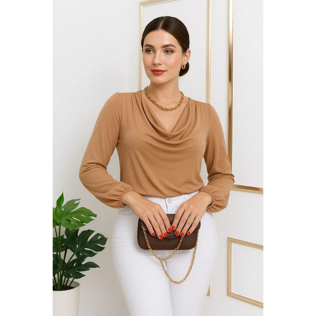 Blusa Feminina Manga Longa Decote Drapeado - Alicya