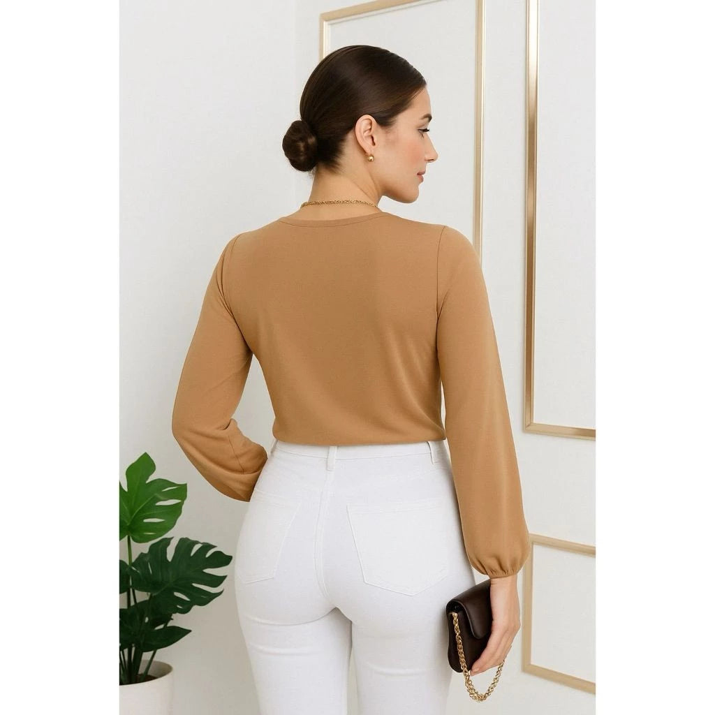 Blusa Feminina Manga Longa Decote Drapeado - Alicya