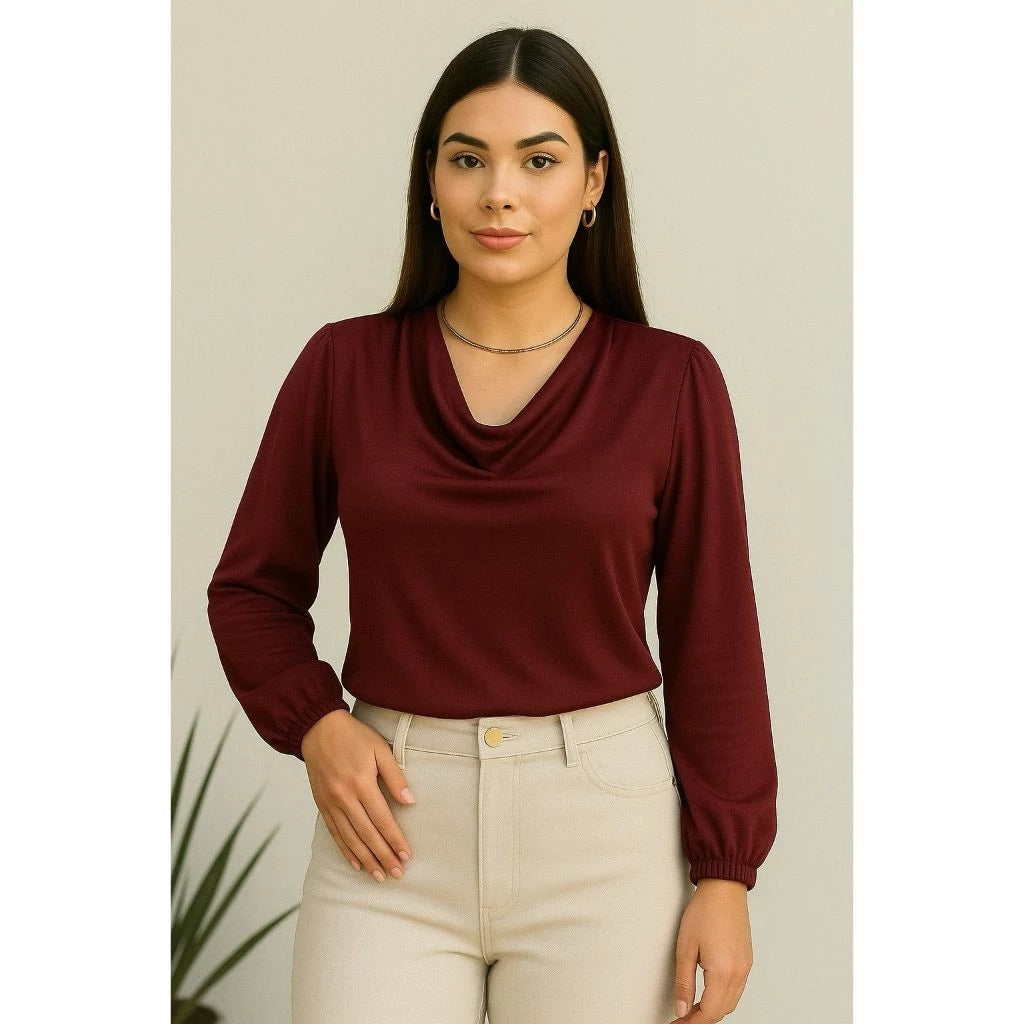 Blusa Feminina Manga Longa Decote Drapeado - Alicya