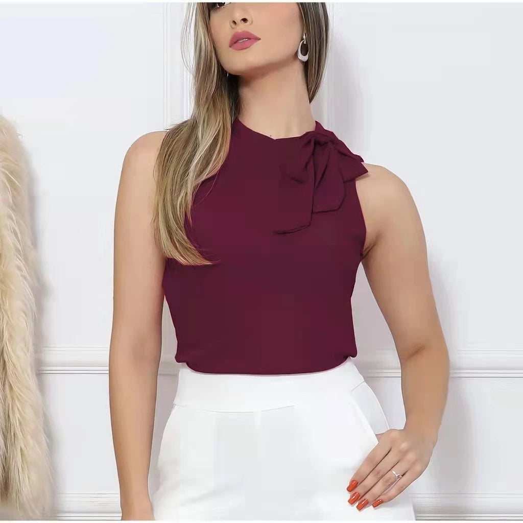 Blusa Feminina Elegante Manga Cavada Gola com Laço