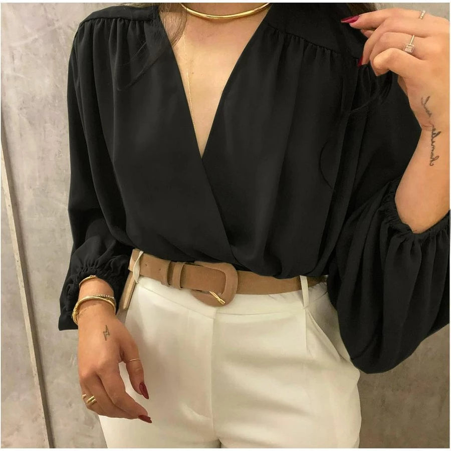 Blusa Feminina Elegante Manga Longa com Decote V
