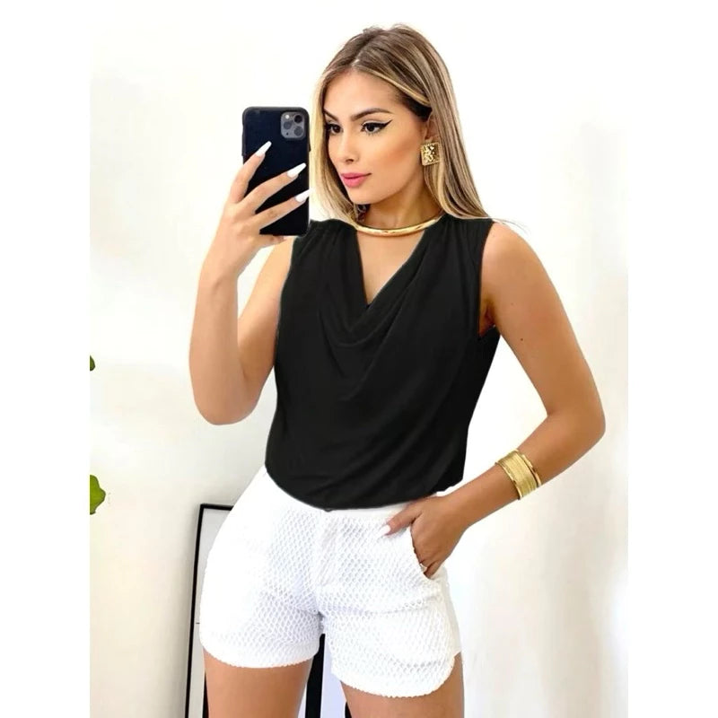 Blusa Feminina Regata Elegante Gola V Drapeada