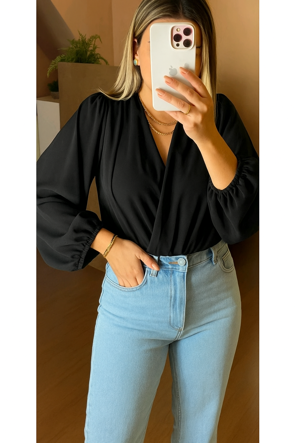 Blusa Feminina Body Manga Longa Decote V - Helô