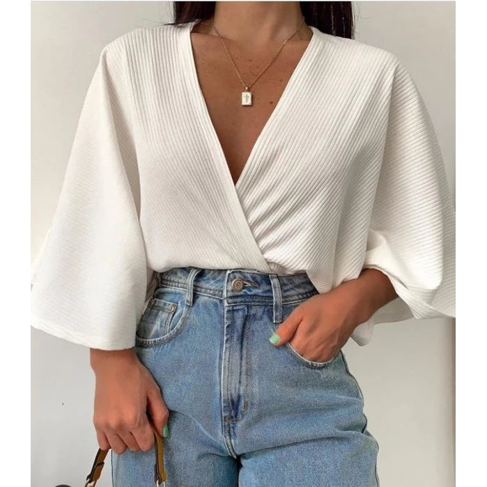 Blusa Cropped Feminina Transpassada Manga Flare  - Gabi