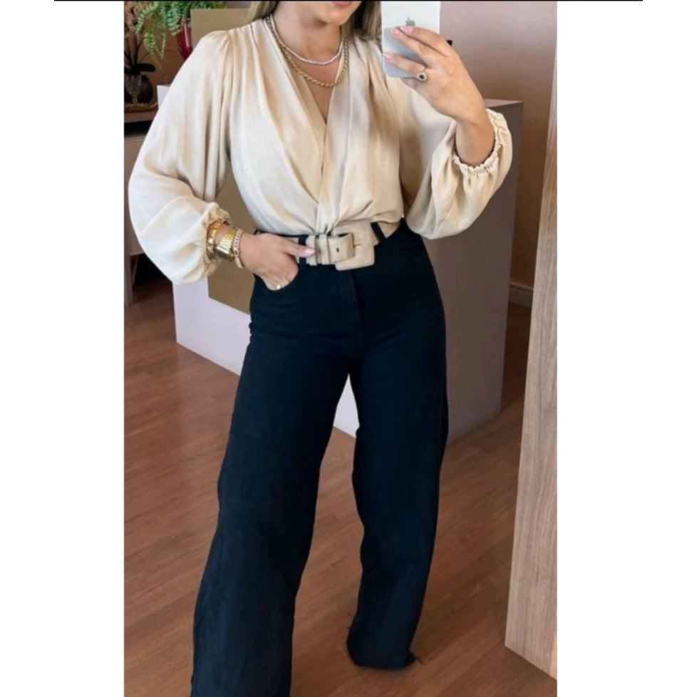 Blusa Feminina Body Manga Longa Decote V - Helô