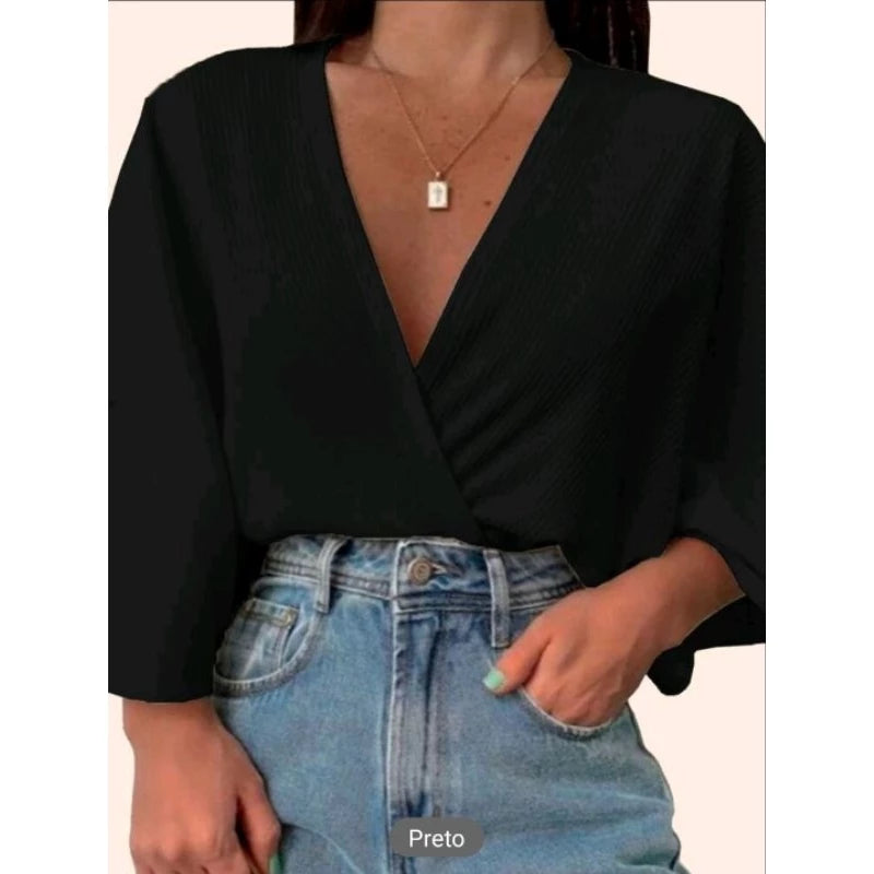 Blusa Cropped Feminina Transpassada Manga Flare  - Gabi