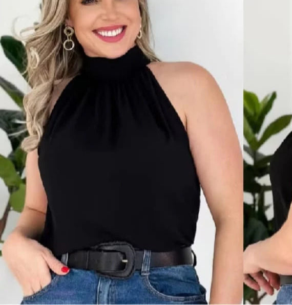 Blusa Feminina Estilosa Manga Cavada Com Gola Alta e Amarração