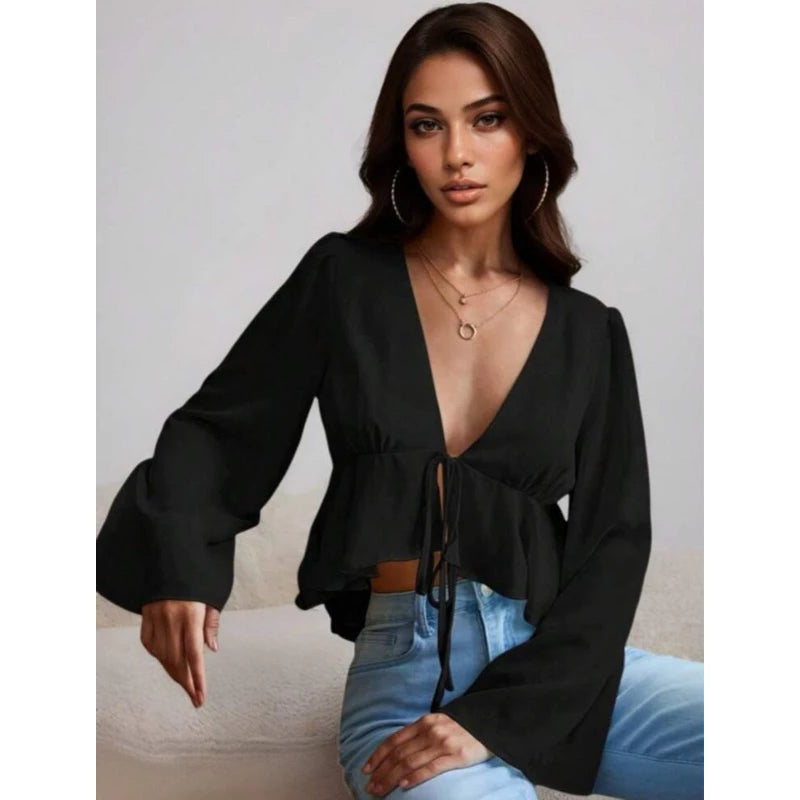 Blusa Feminina Cropped Manga Flare Decote V - Bia