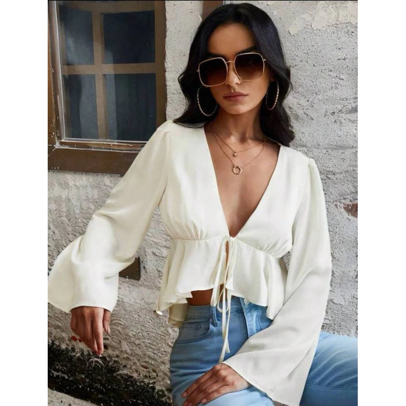 Blusa Feminina Cropped Manga Flare Decote V - Bia