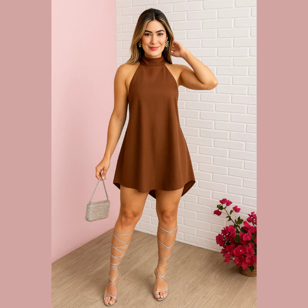 Vestido Curto Soltinho Gola Halter Frente Única - Maitê