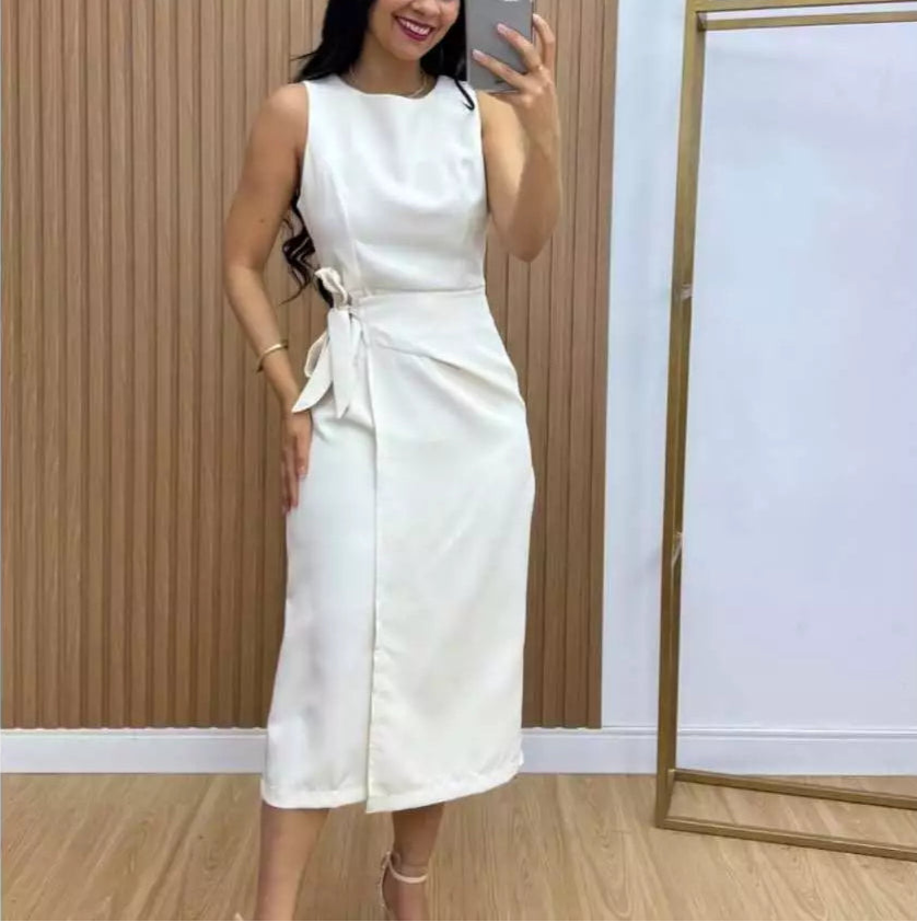 Vestido Midi Elegante Transpassado Manga Cavada - Leny